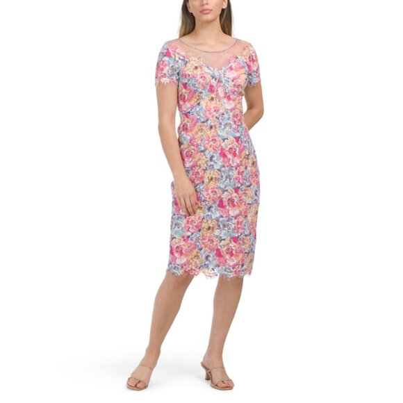 RENE BY RENE RUIZ Multi Short Sleeve Printed Lace Dress With Illusion Detail